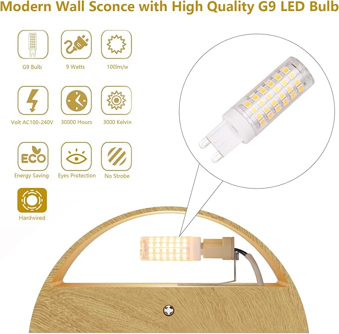 Aipsun Aluminum Modern Wall Light Fixtures 1 Pack Indoor LED Wall Sconce Hardwired Wood Texture Up and Down Wall Mount Light for Living Room Bedroom Hallway Corridor 3000K(with G9 Bulbs)