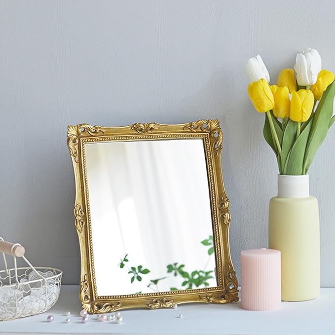Funerom Vintage Decorative Mirror, Wall Mounted & Tabletop Makeup Mirror ，Square (Antique Gold, 16.5 x 13.5 inch)