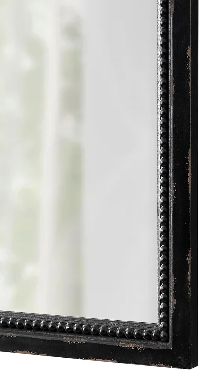 Rustic Black Mirror with Beaded Detailing 29 X 20 Inch, Wall Hanging Distressed Wood Frame Rectangular Gothic Wall-Mounted Mirrors for Living Room Bathroom Entryway, Horizontal or Vertical