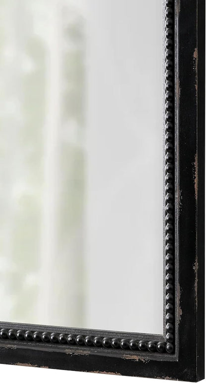 Rustic Black Mirror with Beaded Detailing 29 X 20 Inch, Wall Hanging Distressed Wood Frame Rectangular Gothic Wall-Mounted Mirrors for Living Room Bathroom Entryway, Horizontal or Vertical