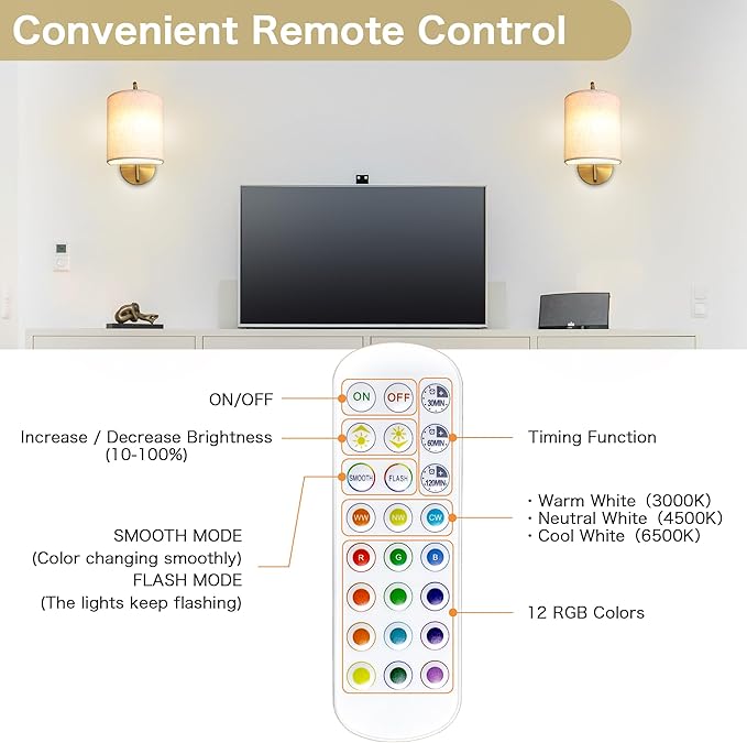Rechargeable Battery Operated Wall Sconces Set of 2 Wireless Wall Lights with Remote Control 12 RGB Colors Magnetic Bulbs 5200mAh Battery Wireless Sconces for Bedroom Living Room (Gold)