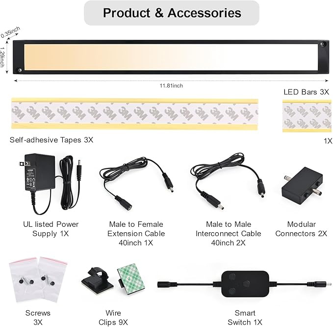 3pack 12inch Dimmable LED Under Cabinet Light Kit, 2700K to 6000K Smart LED Under Counter Lighting Fixture, Compatible with Alexa, Google Assistant, for Kitchen, Pantry, Shelf (Black)