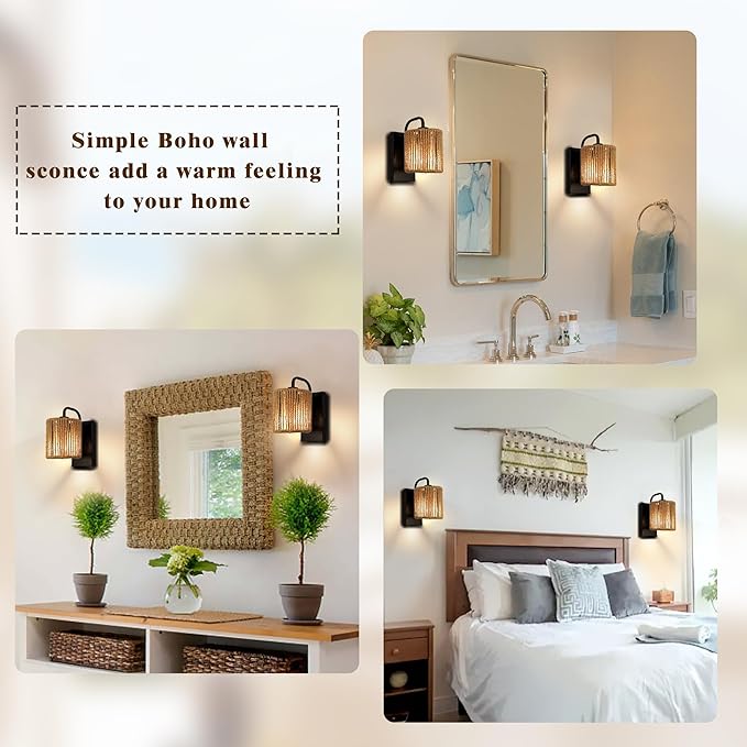 Boho Wall Sconce, Rattan Wall Light Fixtures with Hemp Rope Sconces for Living Room Bathroom Hallway Rustic Bohemian Modern Woven Scocne E26 10inch
