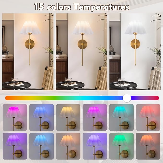 Battery Operated Wall Sconces Sets of 2, Indoor not Hardwired White Fabric lampshade Fixtures,Rechargeable Wireless 10 Colors Wall Lights with Dimmable Remote Control (20 inches)