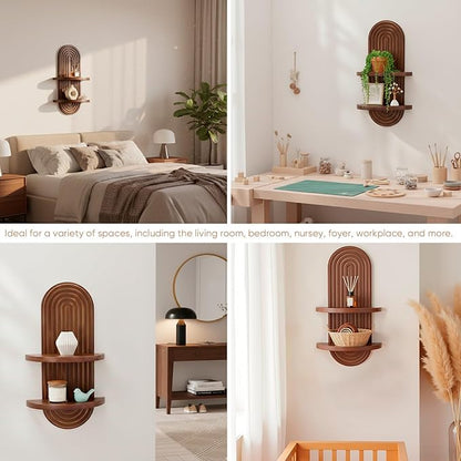 Mordern Wall Shelf with Arched Mid Century Art Boho Decor Design Floating Shelves for Home Bedroom Living Room Farmhouse Display Wall Plant Holder Decoration, 22 x 11.8 Inch, Walnut