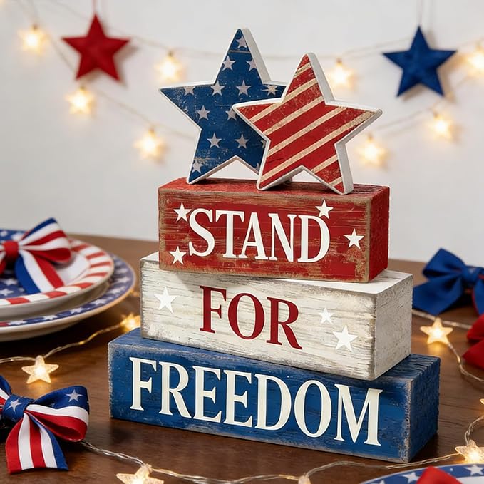 4th of July Table Decorations Patriotic Memorial Day Tiered Tray Decor Wooden Stars Block Signs Independence Farmhouse 250th July Fouth Centerpiece for Tables Wooden Sign for Home Decor