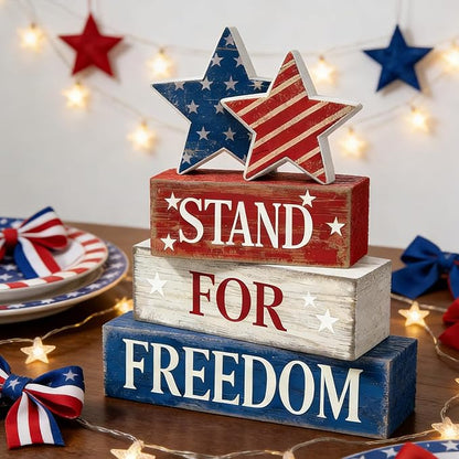4th of July Table Decorations Patriotic Memorial Day Tiered Tray Decor Wooden Stars Block Signs Independence Farmhouse 250th July Fouth Centerpiece for Tables Wooden Sign for Home Decor
