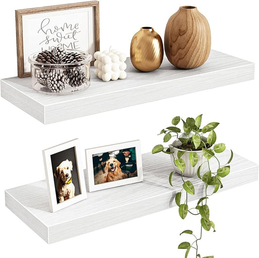 Fixwal Floating Shelves for Wall, 15.7" Wood Wall Mounted Shelves for Living Room, Bedroom, Bathroom and Kitchen, for Storage, Books, Room Decor (White, Set of 2)