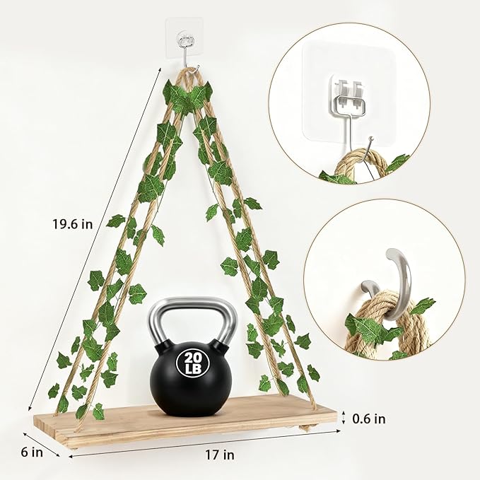 RICHER HOUSE Artificial Ivy LED-Strip Wall Hanging Shelves, Macrame Shelf for Bedroom Bathroom Living Room Kitchen, Wood Hanging Plant Shelves for Wall Décor