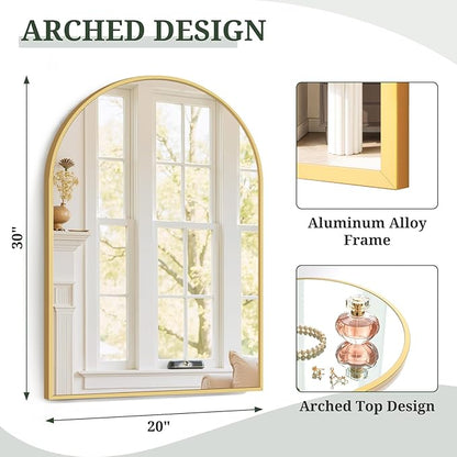 Arched Wall Mirror 30x20 Inch Gold Bathroom Vanity Mirror with Metal Frame, Modern Arch Mirror for Bedroom, Living Room, Entryway, Wall Mounted Decorative Mirror