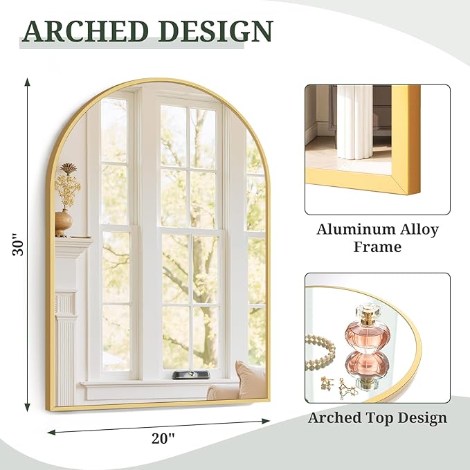 Arched Wall Mirror 30x20 Inch Gold Bathroom Vanity Mirror with Metal Frame, Modern Arch Mirror for Bedroom, Living Room, Entryway, Wall Mounted Decorative Mirror