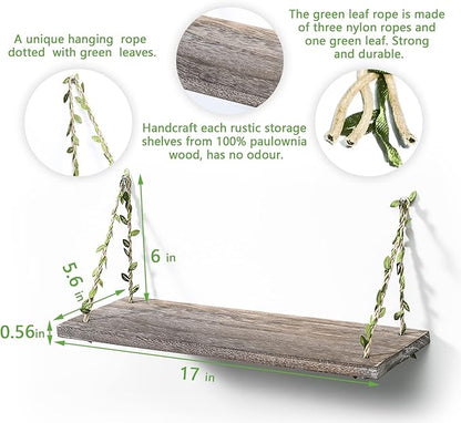 MITIME Leaf Rope Hanging Floating Shelves, Wall Swing Storage Shelf for Home Decor.17, 2-Pack (Retro Color)