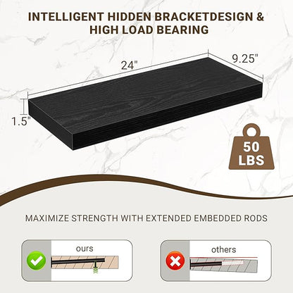 24 Inch Floating Shelves, 24"x9.25"x1.5" Inch Deep Floating Shelves for Wall, Wooden Shelves for Bathroom, Bedroom, Living Room, Black, 2 Pieces