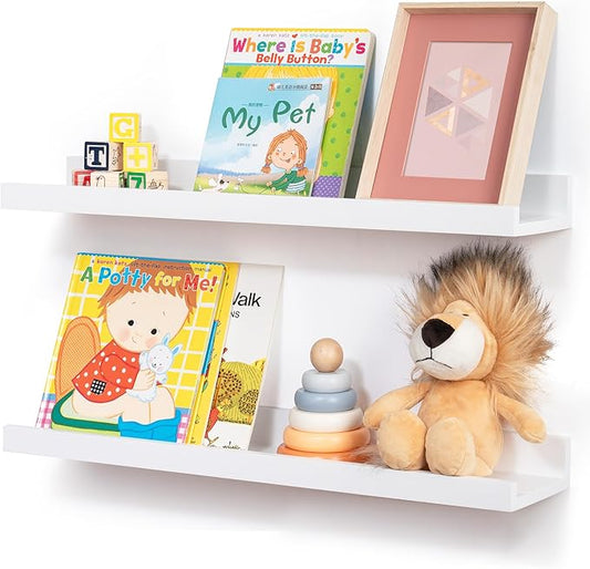 Picture Ledge Shelf for Wall, 24 inch Solid Ash Wood Nursery Book Shelves 2 Packs, Floating Shelves for Kids' Room Bedroom Bathroom Living Room Photo Frames Office Nursey Wall Decor, White