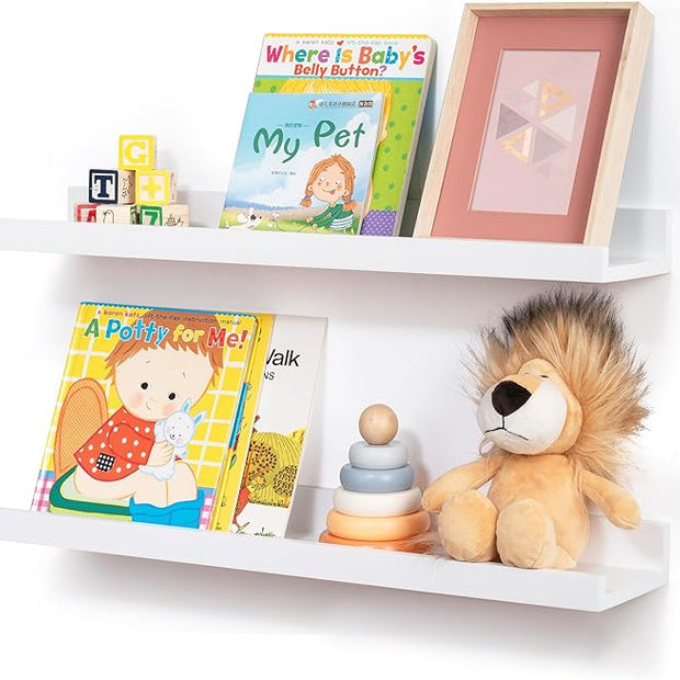 Picture Ledge Shelf for Wall, 24 inch Solid Ash Wood Nursery Book Shelves 2 Packs, Floating Shelves for Kids' Room Bedroom Bathroom Living Room Photo Frames Office Nursey Wall Decor, White