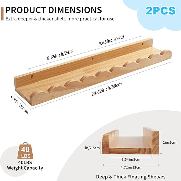 Nursery Book Shelves, Scalloped Floating Shelves Set of 2 Solid Pine Wood Wall Mounted Bookshelf with Wave Lip for Bedroom Kids, Toddler Room, Baby Room 24inch Natural