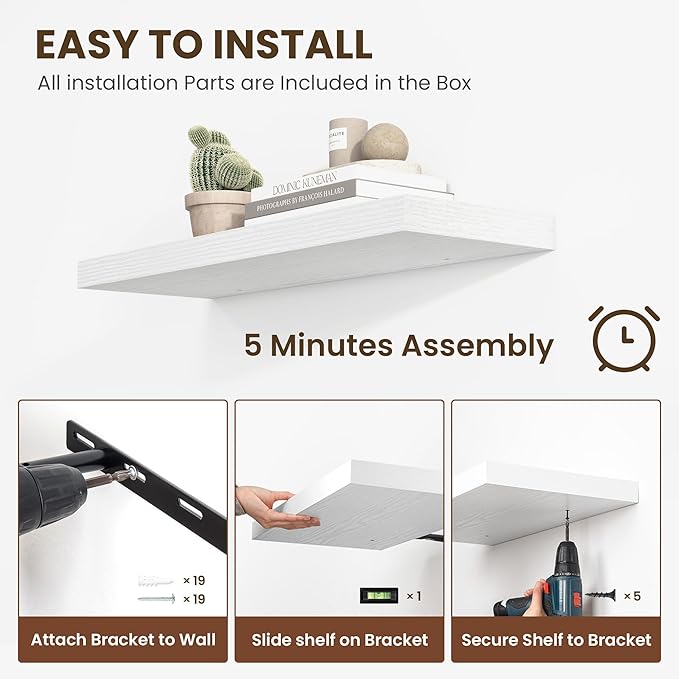 24 Inch Floating Shelves, 12 Inch Deep Floating Shelves for Wall, Floating Shelf with Invisible Brackets, Deep Shelves for Bathroom, Bedroom, Living Room, 2 Pack, White