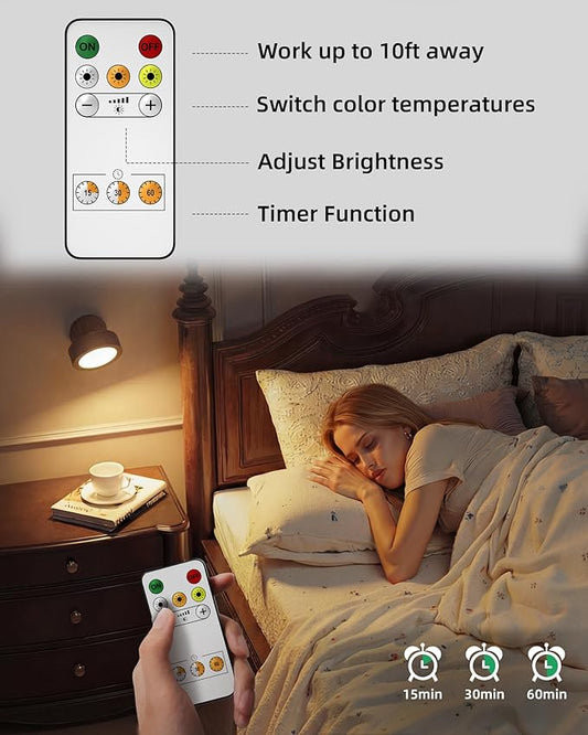 EZVALO LED Wall Mounted Light, 3000mAh Rechargeable Cordless Wall Sconce, Dimmable with Remote & Touch Control, 3 Color Temps, 360° Rotatable for Bedroom, Bedside, Reading(Walnut, 3Pack)