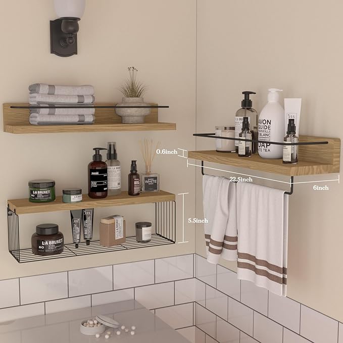22.5 inches Bathroom Shelves Over Toilet for Wall, Floating Shelves with Storage Basket Paper Holer for Kitchen Living Room, Bedroom & Classroom, Set of 3 (Nature Wood)