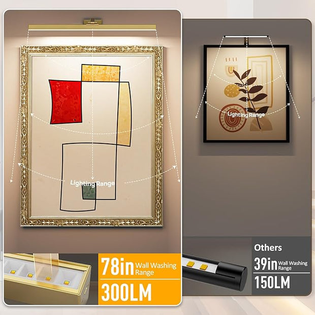 Picture Lights for Wall, Brushed Gold Battery Operated Picture Light 24in Art Light CCT Dimmable Recharging Battery Wall Light with Remote Control for Living Room Gallery