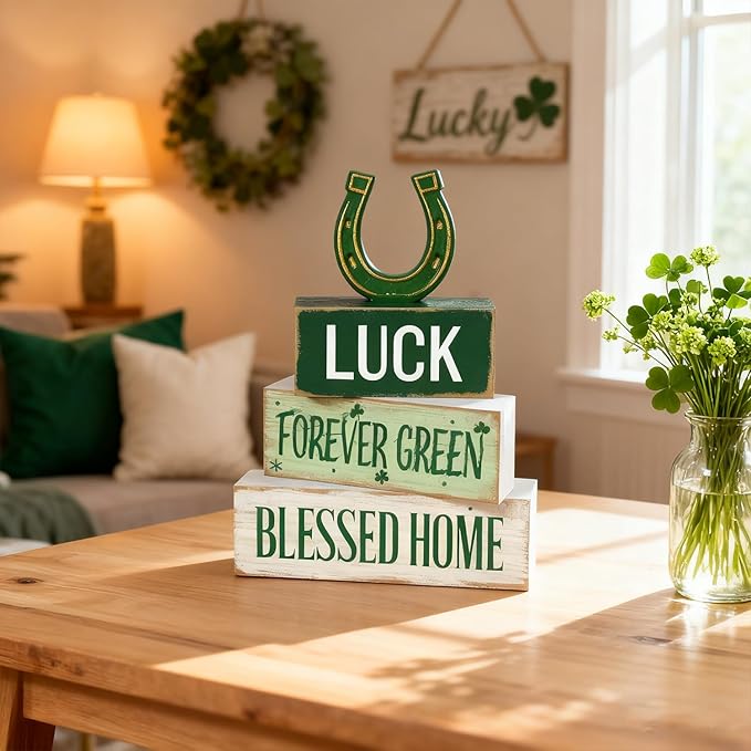 St. Patrick’s Day Decorations - St Patrick Day Lucky Horseshoe Tiered Tray Decor Set - Wooden Tabletop Decoration - Rustic Farmhouse Holiday Home Decor for Indoor Shelf Mantel Coffee Table Gift