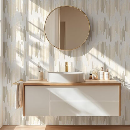 WENMER Beige Wallpaper, Modern Peel and Stick Wallpaper, Striped Wallpaper, Beige Geometric Wallpaper, 17.7''×394'' Contact Paper, Beige Self Adhesive Removable Wallpaper for Bathroom Cabinets Kitchen