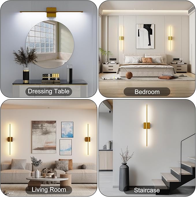 Shineled Wall Sconces Set of 2, 29'' Battery Wall Sconce with Remote Control, 350° Gold Rotatable Dimmable Wall Lamp, Wireless Wall Lights for Bedroom, Living Room