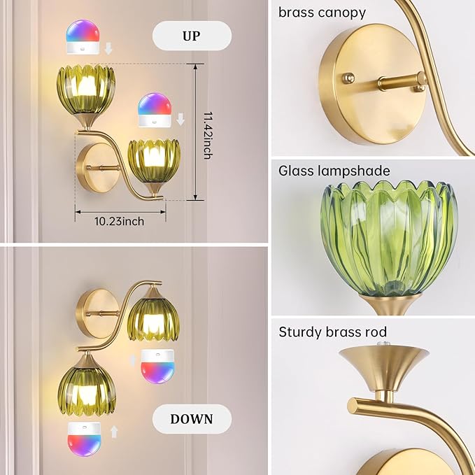 Battery Operated Wall Sconce, 2-Lights Vinatge Brass Wall Lighting with Green Tluip Shade Rechargeable Bulb with Remote for Living Room, Bedroom