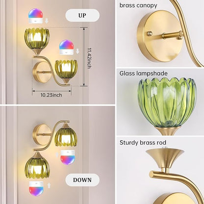 Battery Operated Wall Sconce, 2-Lights Vinatge Brass Wall Lighting with Green Tluip Shade Rechargeable Bulb with Remote for Living Room, Bedroom