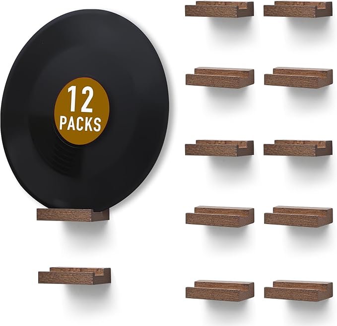 Wood Vinyl Record Shelf Wall Mount, Small Wall Record Holder Display Shelf, Vinyl Record Shelves Record Album Display Holder for LP, CD, Book Art Storage Vintage Home Decor (12, Light Walnut)