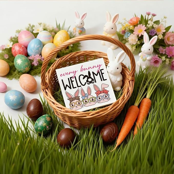 Easter Decorations for Home Every Bunny Welcome Wooden Sign, Funny Bunny Spring Porch Decor, Farmhouse Easter Desk Decorations, Table Shelf Plaque, Holiday Entryway Party Supplies