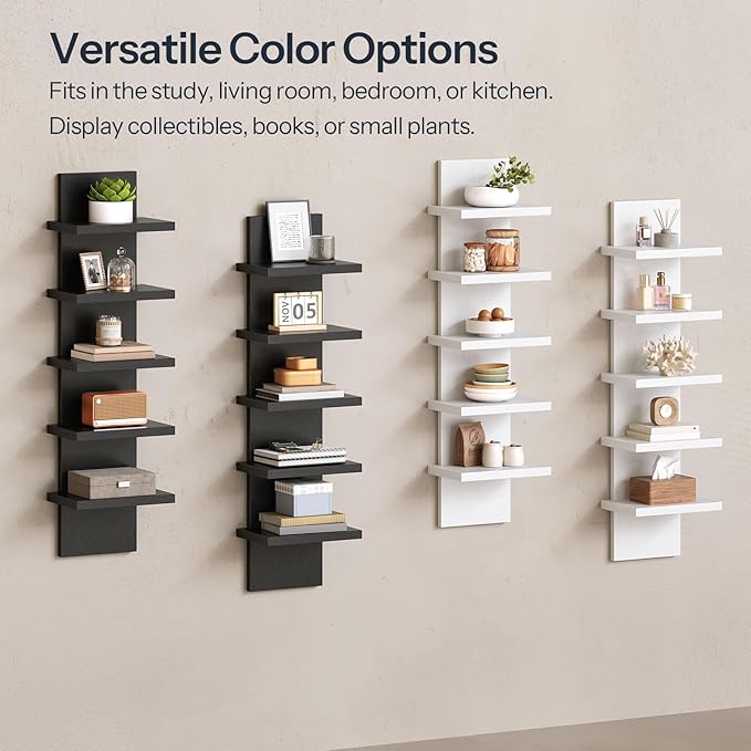 HOOBRO 5 Tier Wall Shelf Unit, 2 Pack Floating Shelves Wall Mounted, Wall Mount Vertical Shelving, Floating Storage Rack, Organizer Tall Tower Design for Livingroom, Bedroom, Kitchen, Black BB18BJP201
