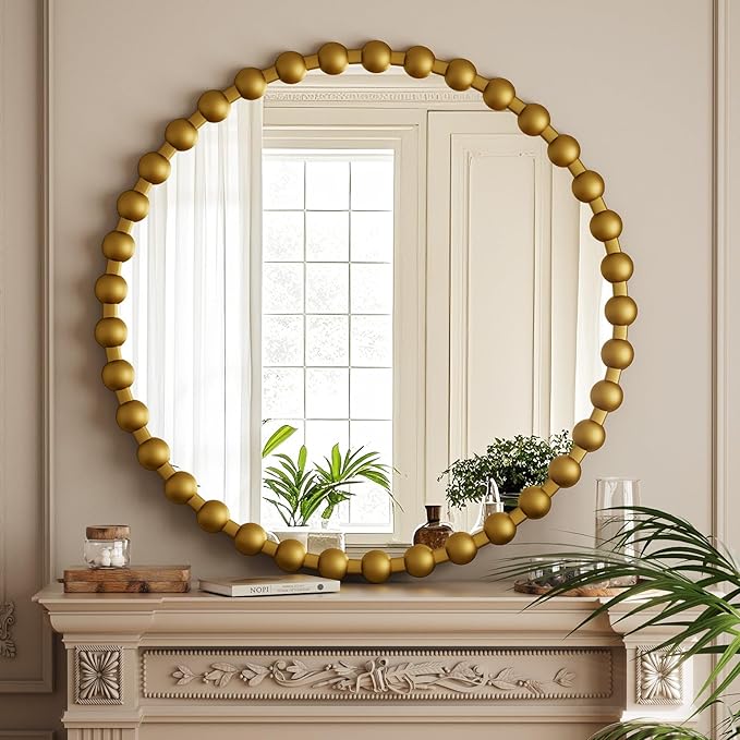 Round Mirror for Wall, 32 Inch Gold Beaded Frame Decorative Vanity Mirror, Circle Bathroom Mirror with High-Definition Lense, Modern Wall Decor for Bathroom, Living Room, Bedroom, Entryway