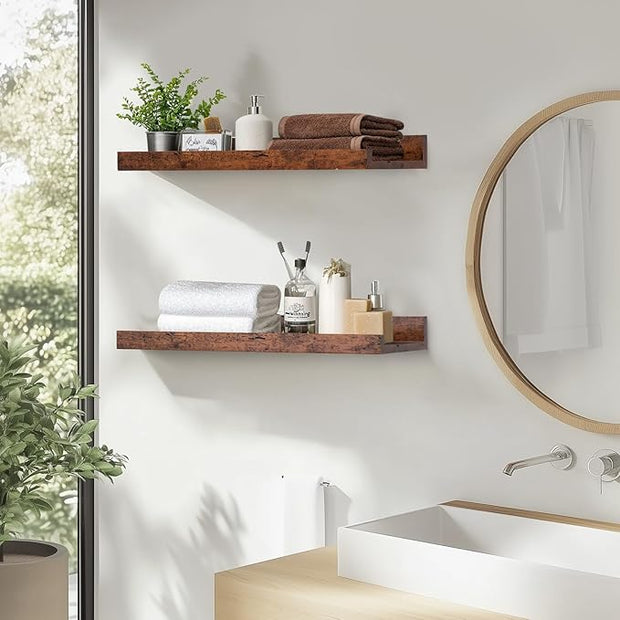 Muzilife 16" Floating Wall Ledge Shelves with Lip - Set of 2 Wood Floating Shelves - Honey Brown Wall Mounted Picture Ledge for Office, Bathroom, Bedroom, Living Room, Kitchen