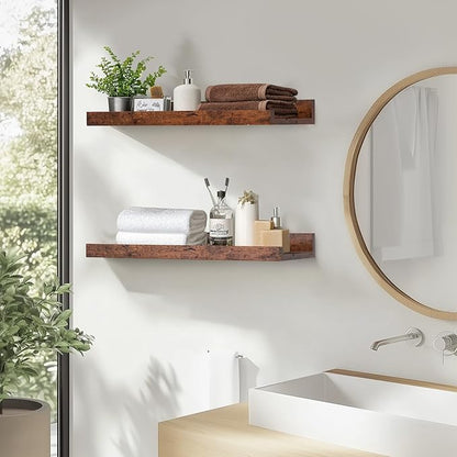 Muzilife 16" Floating Wall Ledge Shelves with Lip - Set of 2 Wood Floating Shelves - Widened Brown Wall Mounted Picture Ledge for Office, Bathroom, Bedroom, Living Room, Kitchen