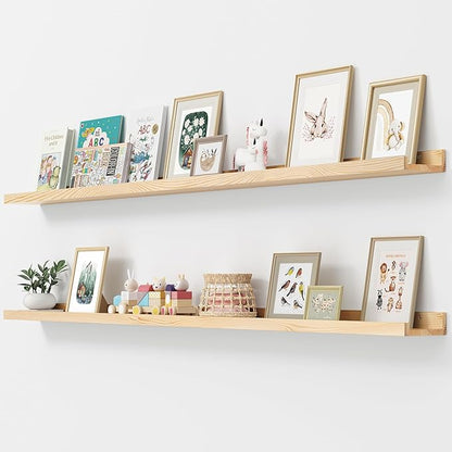Picture Ledge Shelf, Floating Shelves Set of 2, Solid Ash Wood 72'' Long Large Nursery Book Shelves for Toys Storage, Kids Bookshelf for Living Room Bedroom Decor Books Photo Frames, Natural