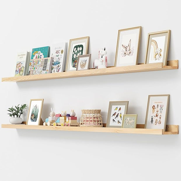 Picture Ledge Shelf, Floating Shelves Set of 2, Solid Ash Wood 72'' Long Large Nursery Book Shelves for Toys Storage, Kids Bookshelf for Living Room Bedroom Decor Books Photo Frames, Natural
