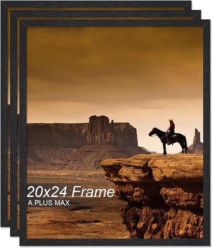 A PLUS MAX 20x24 Picture Frame Set of 3, Black Engineered Wood Frame for 20 x 24 Inch Picture Poster Photo, Light Weight 20 by 24 Frame with Wood-grain for Wall - 3 Pack/Black/20 x24