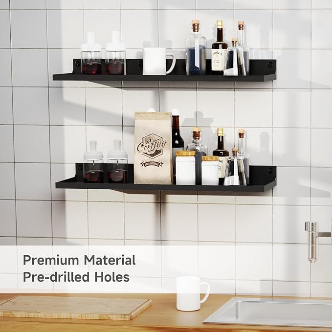 PEKGRIL 4 Pack Metal Floating Shelves, 17x6 Inch Large Wall Mounted Shelf for Storage, Black Kids Bookshelf, Display Ledge Shelves with Lip for Bathroom, Bedroom, Living Room, Bathroom, Kitchen