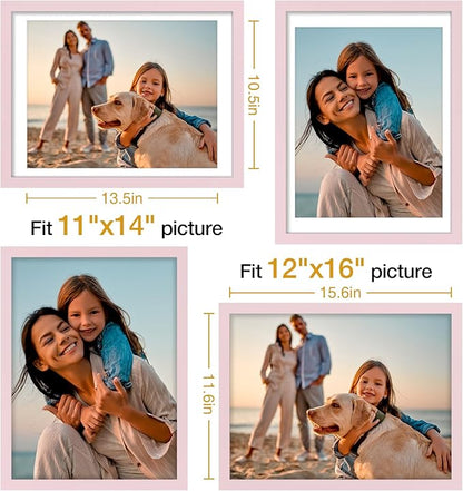Vittanly 12x16 Picture Frames Set of 4, Display Pictures 11x14 with Mat or 12x16 without Mat, Gallery Frame for Wall Display, Engineered Wood with Shatter Resistant Plexiglass, Pale Pink