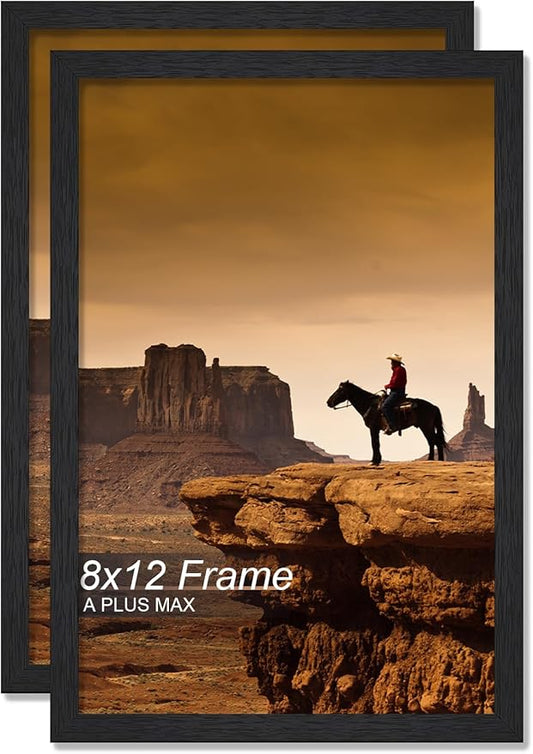 A PLUS MAX 8x12 Picture Frame Set of 2, Black Engineered Wood Frame for 8 x 12 Inch Picture Poster Photo, Light Weight 8 by 12 Frame with Wood-grain for Wall - 2 Pack/Black/8"x12"