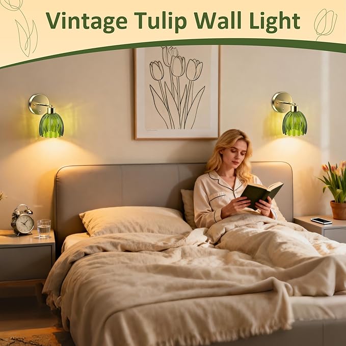 Wall Sconces Set of 2 Battery Operated | Tulip Glass Wall Lamps Rechargeable 5200mAh Wireless Wall Sconce Dimmable for Bedroom Living Room Hallway, Elegant Green Tulip Lampshade Wall Decor