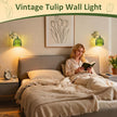 Wall Sconces Set of 2 Battery Operated | Tulip Glass Wall Lamps Rechargeable 5200mAh Wireless Wall Sconce Dimmable for Bedroom Living Room Hallway, Elegant Green Tulip Lampshade Wall Decor