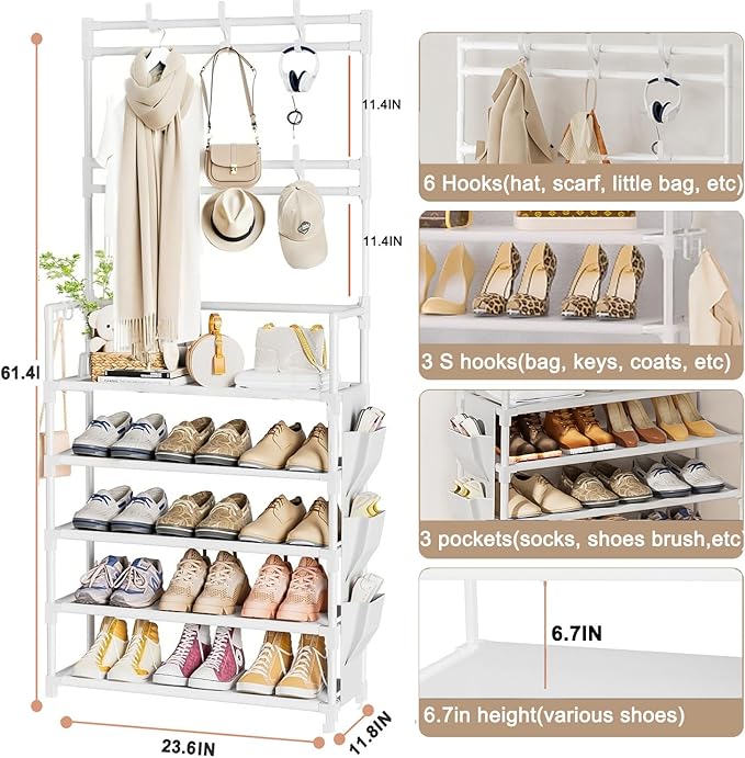 OYREL Shoe Rack 5 Tier Shoe Organizer Storage 15-20 Pairs Shoes Rack for Closet Entrance Shoe Rack Organizer with Hooks and Side Pocket Entryway Shoe Holder Space Saving Free Standing Shoe Racks