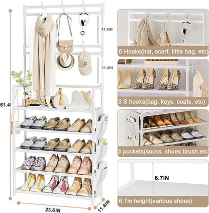 OYREL Shoe Rack 5 Tier Shoe Organizer Storage 15-20 Pairs Shoes Rack for Closet Entrance Shoe Rack Organizer with Hooks and Side Pocket Entryway Shoe Holder Space Saving Free Standing Shoe Racks