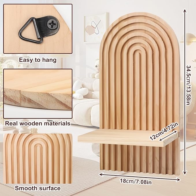 2 Pcs Modern Boho Wooden Rainbow Wall Shelves Shelf Decor, Wood Wall Mount Book Shelf, Floating Shelves for Living Rooms Bathroom Wall Decor Display (05)