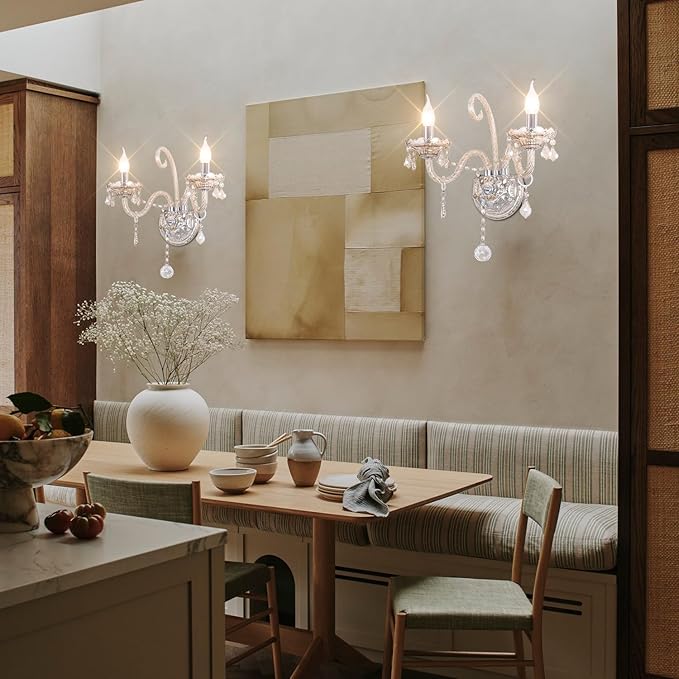 Crystal Wall Sconce Candle Sconces Elegant Classic Wall Light Decor Set of 2 Perfect Hang on The Wall for Living Room Bathroom Entryway Hallway Hotel Galleries Exhibition Room