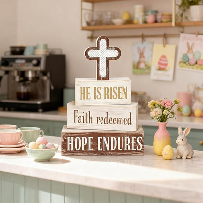 Easter Decorations - He Is Risen Cross Tiered Tray Decor - Faith Redeemed Religious Wooden Tabletop Sign - Farmhouse Easter Christian Home Decor Indoor - Spring Home Decor for Living Room, Kitchen Counter, Seasonal Farmhouse Display