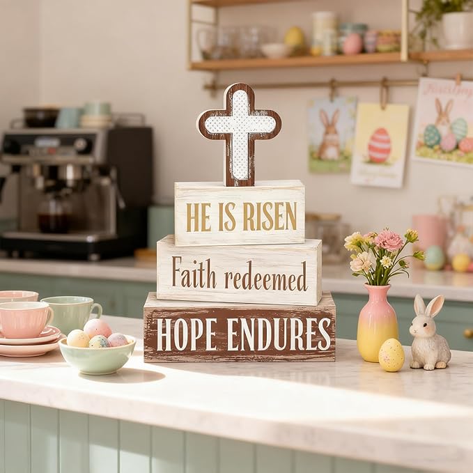 Easter Decorations - He Is Risen Cross Tiered Tray Decor - Faith Redeemed Religious Wooden Tabletop Sign - Farmhouse Easter Christian Home Decor Indoor - Spring Home Decor for Living Room, Kitchen Counter, Seasonal Farmhouse Display