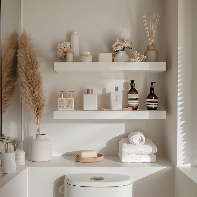 INHABIT UNION White Floating Shelves for Wall-24in Wall Mounted Display Ledge Shelves Perfect for Bedroom Bathroom Living Room and Kitchen Decoration Storage (Set of 2)